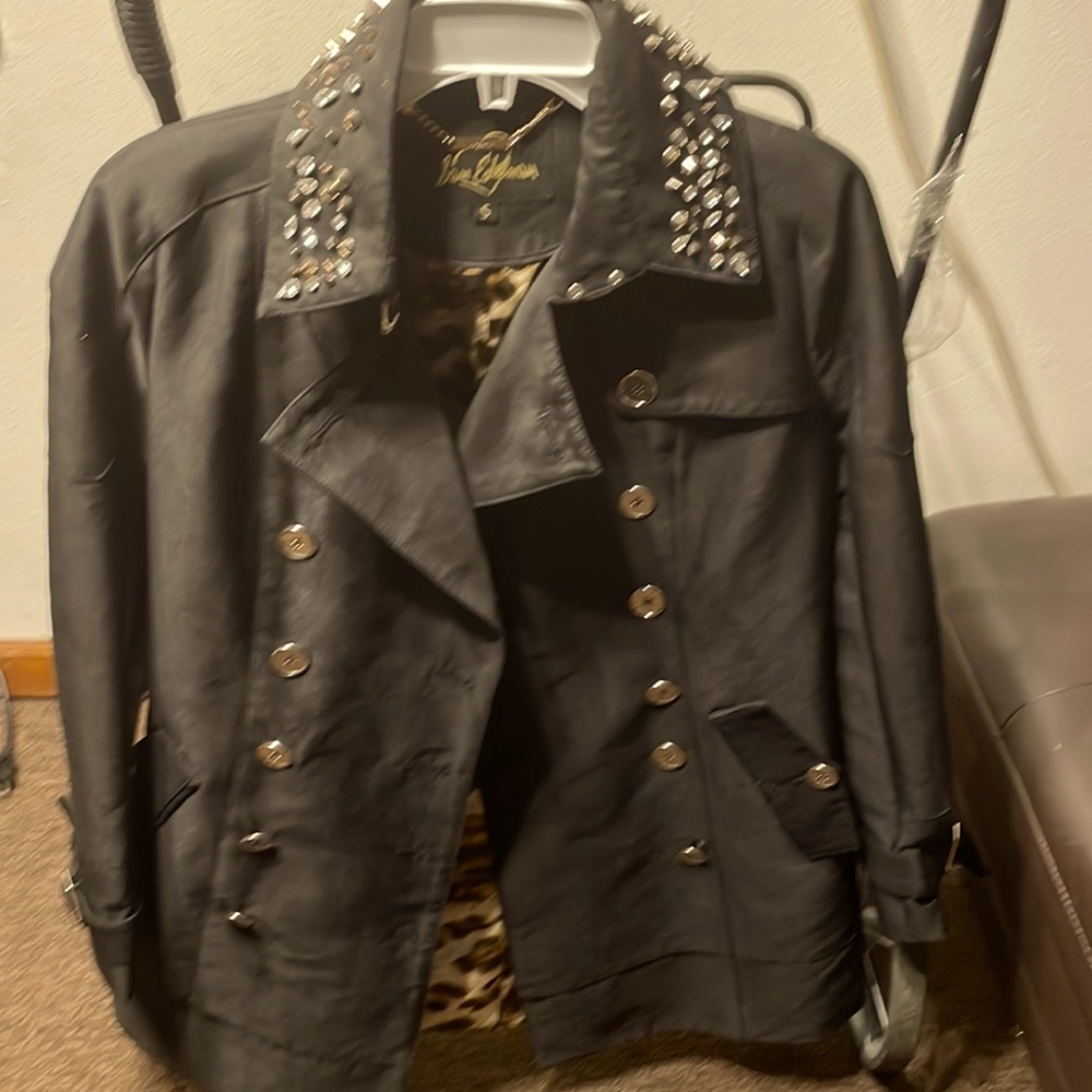 Sam Eldman’s embellished woman’s black gold studded collar trench coat new